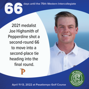 66 days to the 75th Western Intercollegiate: 66 = 2021 medalist Joe Highsmith of Pepperdine shot a second-round 66 to move into a second-place tie heading into the final round.