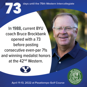 73 days to the 75th Western Intercollegiate: 73 = In 1988, current BYU coach Bruce Brockbank opened with a 73 before posting consecutive even-par 71s and winning medalist honors at the 42nd Western.