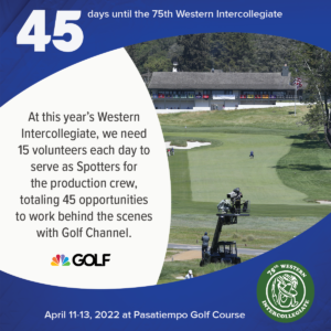 45 days to the 75th Western Intercollegiate: 45 = At this year's Western Intercollegiate, we need 15 volunteers each day to serve as Spotters for the production crew, totaling 45 opportunities to work behind the scenes with Golf Channel.