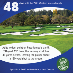 48 days to the 75th Western Intercollegiate: 48 = At its widest point on Pasatiempo's par 5, 531-yard 12th hole, the fairway stretches 48 yards across, leaving the player about a 150-yard shot to the green.