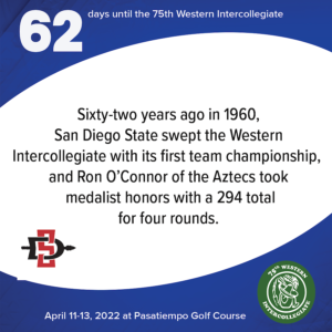 62 days to the 75th Western Intercollegiate: 62 = Sixty-two years ago in 1960, San Diego State swept the Western Intercollegiate with its first team championship, and Ron O'Connor of the Aztecs took medalist honors with a 294 total for four rounds.