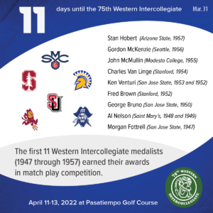 11 days to the 75th Western Intercollegiate: 11 = The first 11 Western Intercollegiate medalists (1947 through 1957) earned their awards in match play competition. (list of winners included)