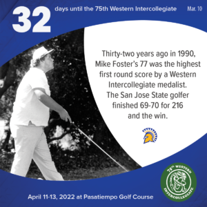 32 days to the 75th Western Intercollegiate: 32 = Thirty-two years ago in 1990, Mike Foster's 77 was the highest first round score by a Western Intercollegiate medalist. The San Jose State golfer finished 69-70 for 216 and the win.