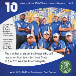 10 days to the 75th Western Intercollegiate: 10 = The number of student-athletes who will represent host team San Jose State at the 75th Western Intercollegiate (photo of Kris Stiles, RJ Cesario, Nick Watts, Caleb Shetler, Vijay Srinivasan, Zubair Firdaus, Luigi Wong, Carl Corpus, Kotaro Murata)