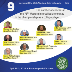 9 days to the 75th Western Intercollegiate: 9 = The number of coaches in the 75th Western Intercollegiate to play in the championship as a college player (photo collage of Conrad Ray, Stanford & Alma Mater Stanford; Ryan Donovan, SDSU & Alma Mater SDSU; Bruce Brockbank, BYU and Alma Mater BYU; John Fields, Texas & Alma Mater New Mexico; John Kennaday, SJSU and Alma Mater SJSU; Casey Martin, Oregon & Alma Mater Stanford; Scott Simpson, Hawaii & Alma Mater USC; Michael Beard, Pepperdine and Alma Mater Pepperdine; Walter Chun, Cal and Alma Mater Cal)